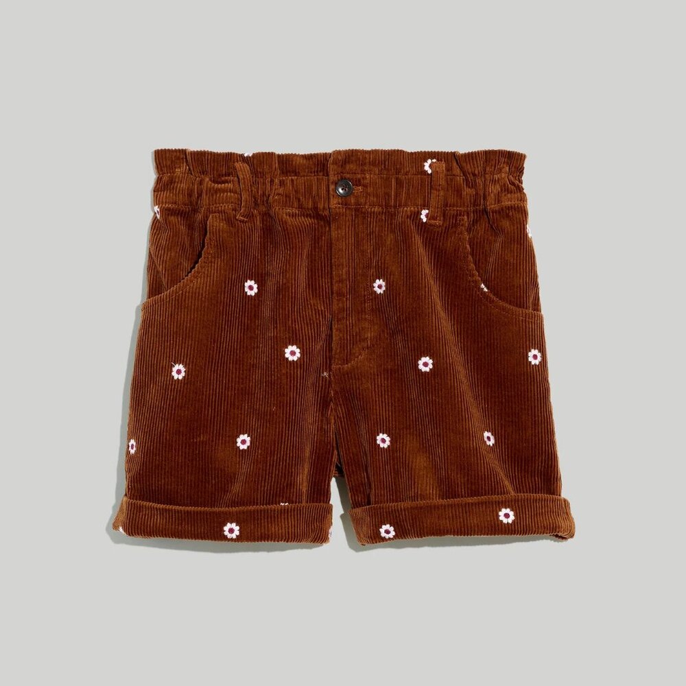 Madewell Daisy Embroidered Corduroy Pull-On Paperbag Shorts